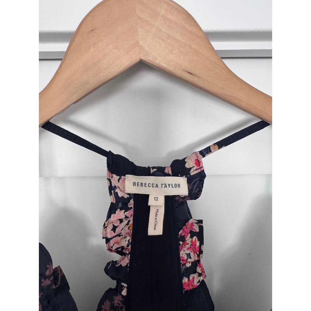 Rebecca Taylor Silk Floral Ruffle Mini Dress Navy Pink Cherry Blossom Size 12 - Picture 4 of 8